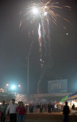 벚꽃축제를 축하하는 폭죽을 터지고 있는 밤하늘의 모습1