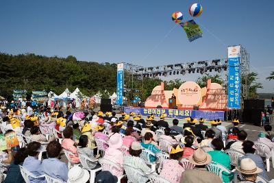 쌀문화축제 행사 무대에서 인사말을 하시는 대표와 관객석의 시민들의 모습