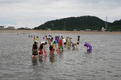 바다에서 노는 사람들 뒤로 보이는 섬들의 모습8