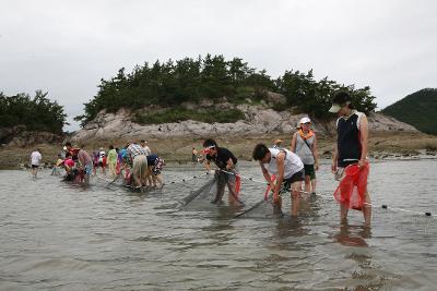 그물에서 물고기를 건지는 사람들뒤에 보이는 바위산3