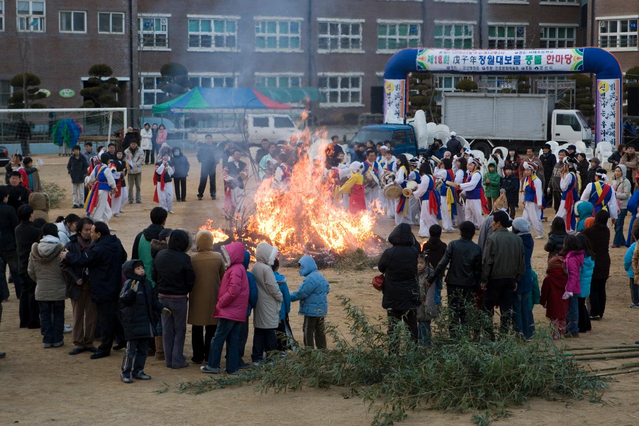 달집 태우는 것을 보고 있는 공연단과 시민들