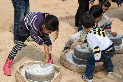 축제에서 맷돌을 돌리고 체험을 하고 있는 아이들