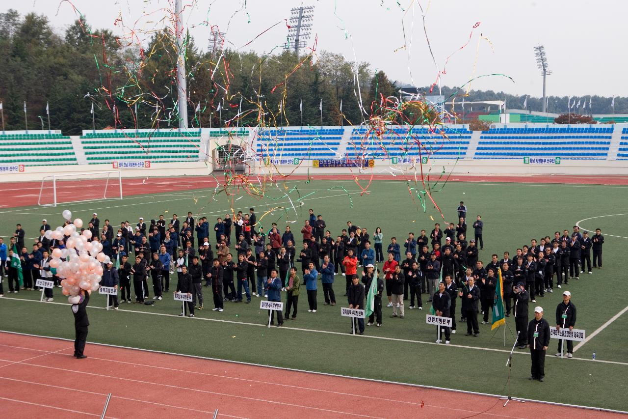 한노총화학연맹체육회를 축하하는 릴테입폭죽이 터지고 있는 모습