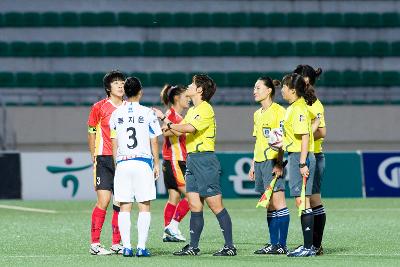 여자프로축구 선수들과 심판들의 모습