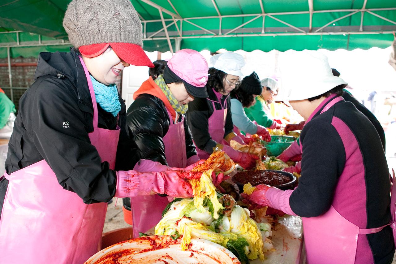 군산시여성자원봉사회의 절인 배추에 김치 소를 고루 섞어주고 있다