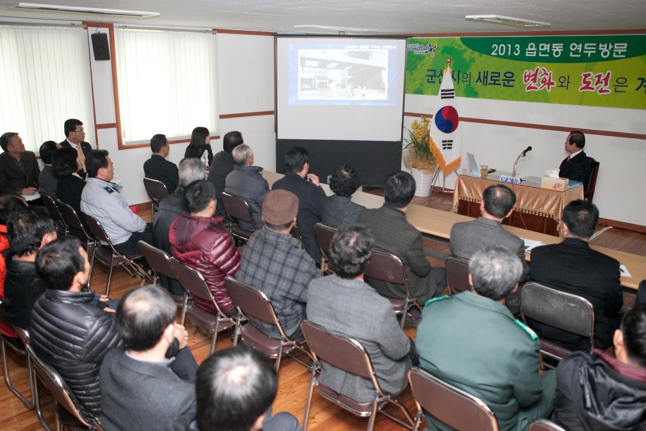 동영상 자료를 시청중인 회현면 주민과 시장님.